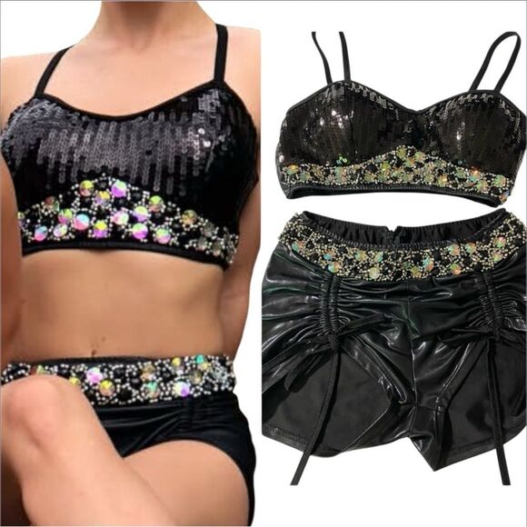 Glamour mature faux leather rocker goth Dance Custom solo costume 2 piece LA - Picture 1 of 13